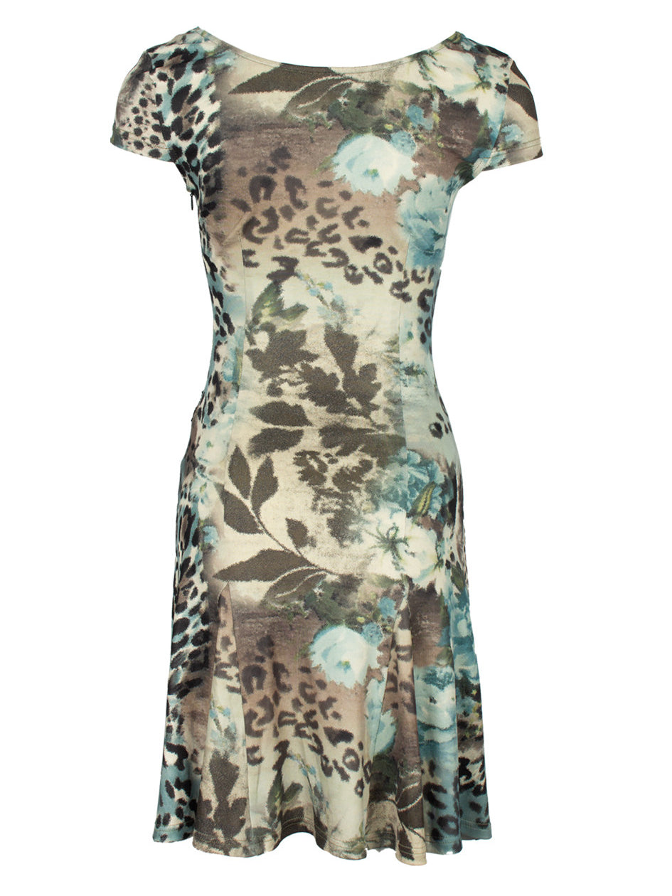 4RE1GN SEA BLUE leopard floral lace dress — complete back garment-only view in gray blue; separate heading, captions and duplicate front panel excluded