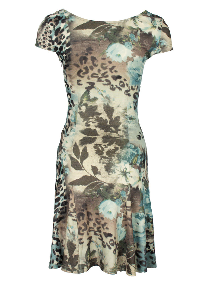 4RE1GN SEA BLUE leopard floral lace dress — complete back garment-only view in gray blue; separate heading, captions and duplicate front panel excluded