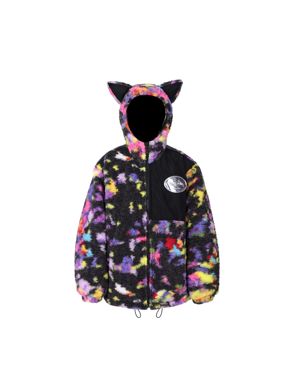 PINKSPINK SPHYNX rainbow cat-ear sherpa jacket — multicolor cat-ear sherpa jacket with black chest panel, front product view