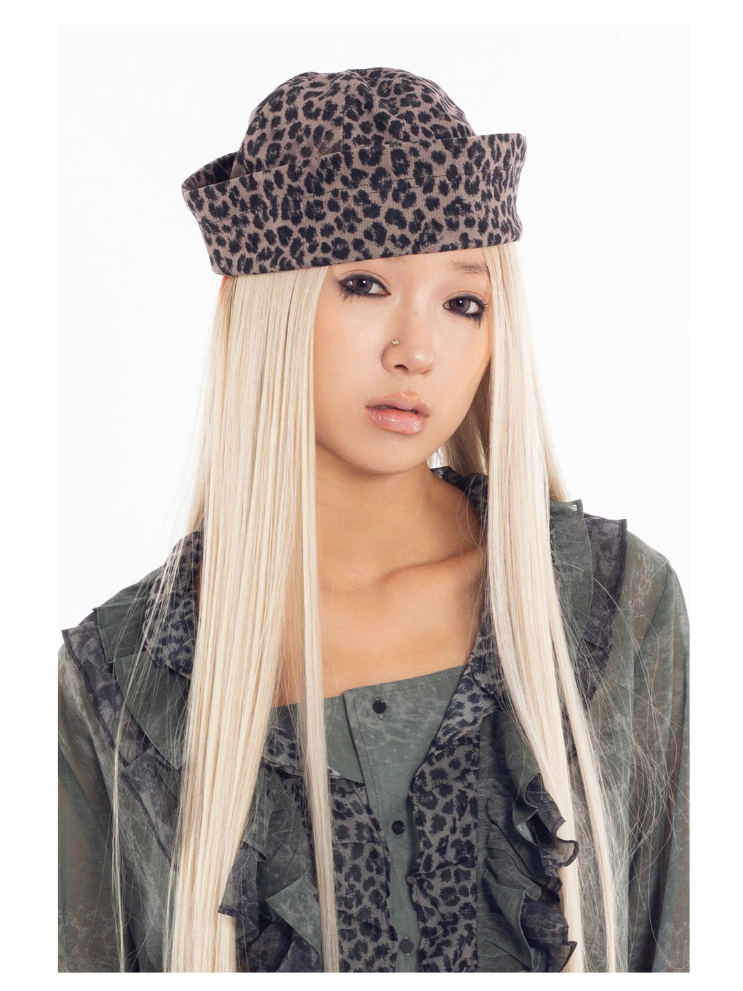 4RE1GN MYSTIC printed brimless hat — brown leopard print — front modeled close-up