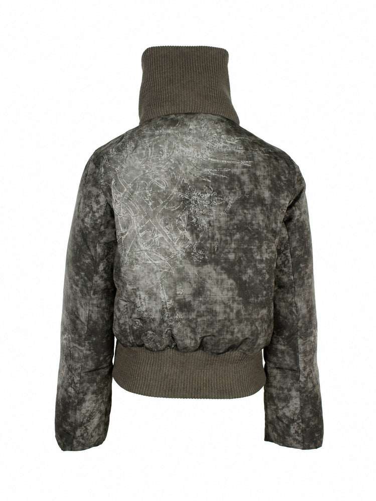 4RE1GN MYSTIC STAR knit-collar down jacket in gray multicolor — back garment-only view showing the ornamental print