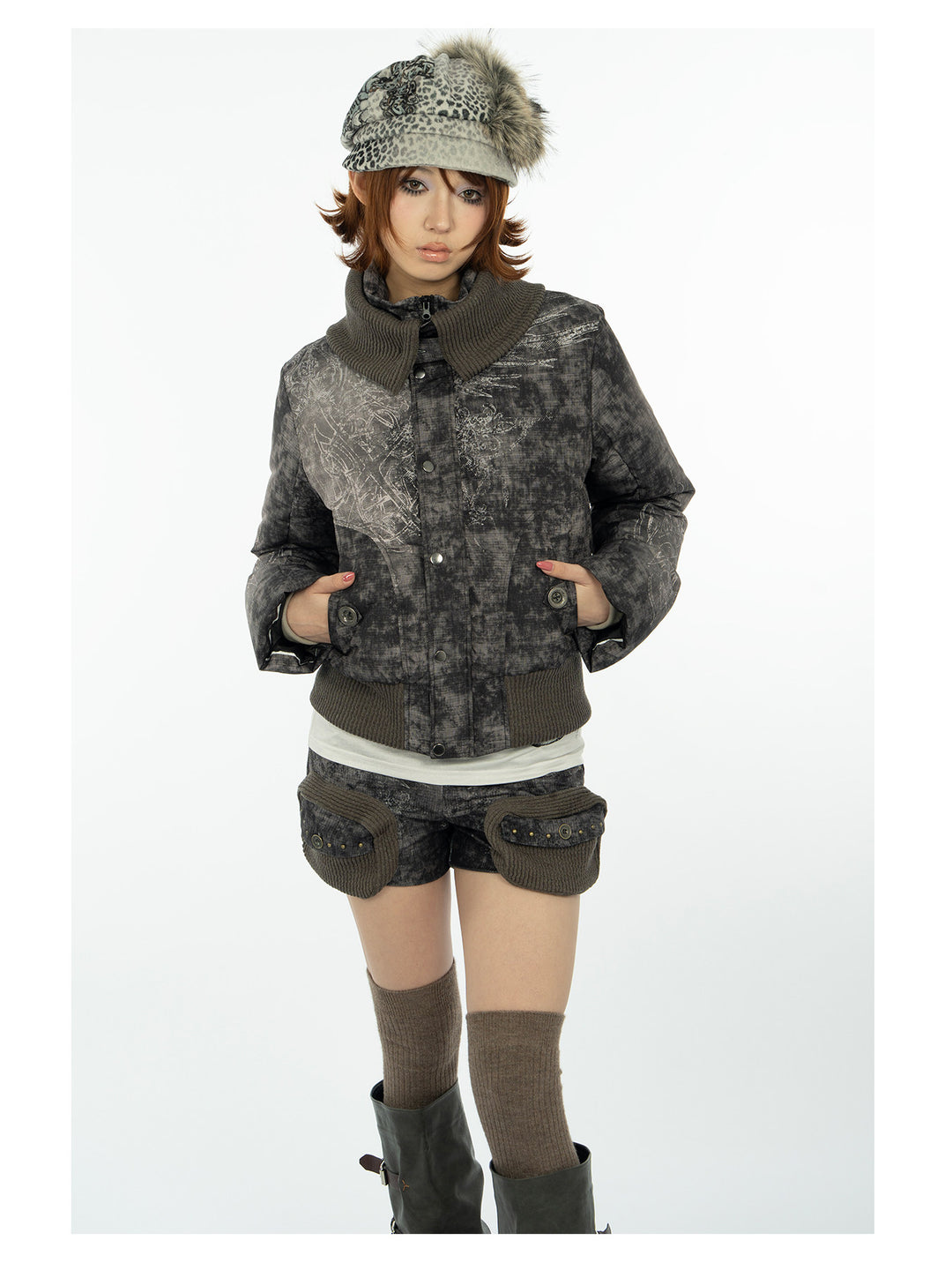 4RE1GN MYSTIC STAR knit-pocket corduroy shorts in gray black — front modeled view with the matching jacket fastened