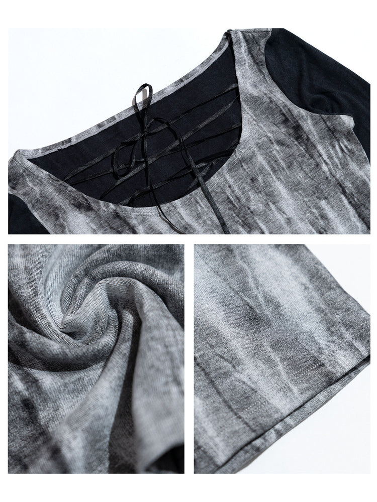 Detail collage of the black tie-dye lace-up neckline and stretch fabric.