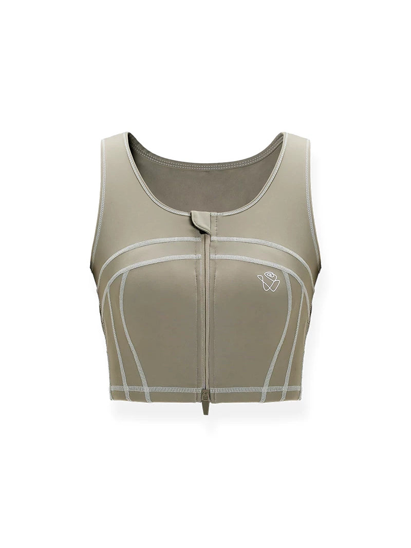 NAWS CLOUD zip-front sports bra — latte-brown zip-front sports bra with contrast seams, front product view