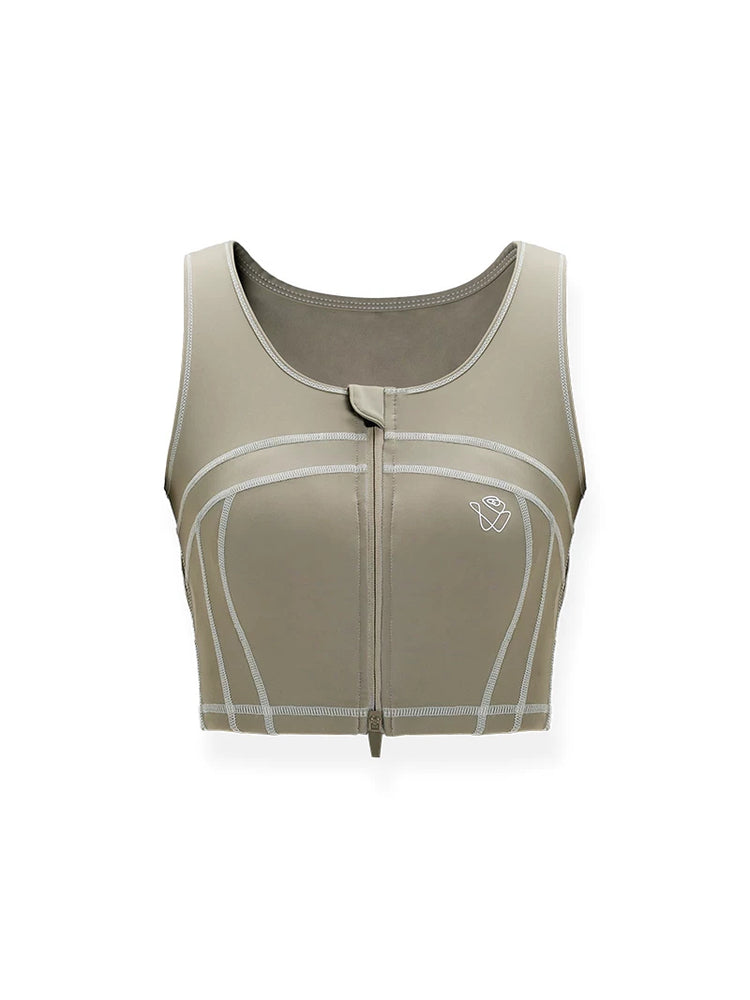 NAWS CLOUD zip-front sports bra — latte-brown zip-front sports bra with contrast seams, front product view