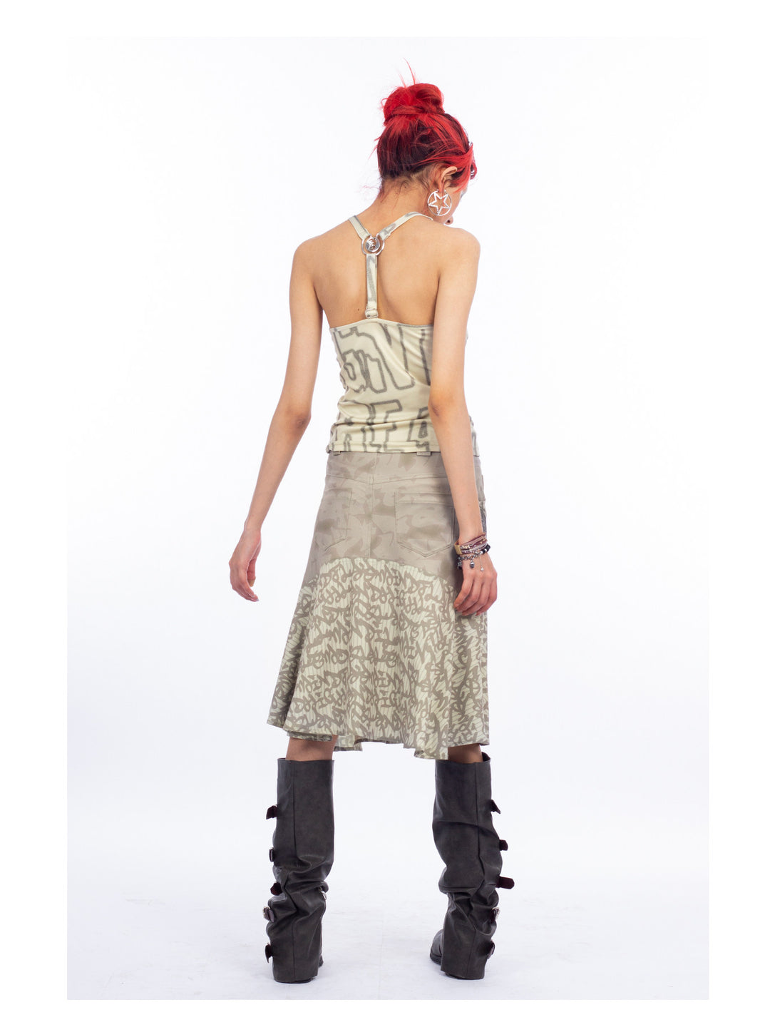 4RE1GN SIGIL cowl-neck halter top in ivory multicolor — full-length rear modeled view