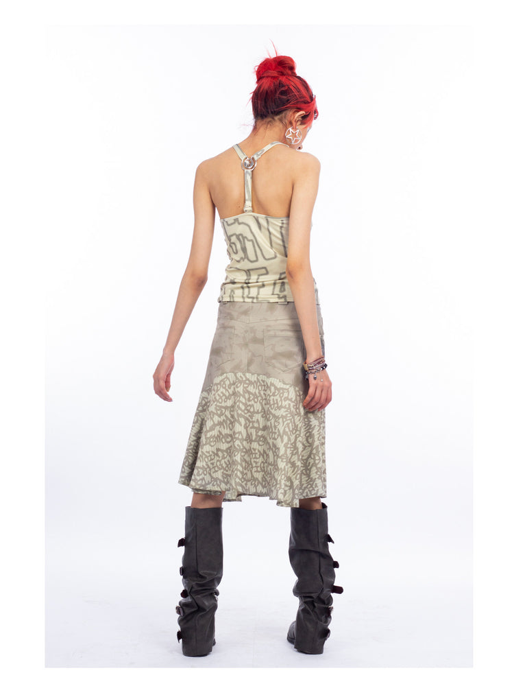 4RE1GN SIGIL cowl-neck halter top in ivory multicolor — full-length rear modeled view