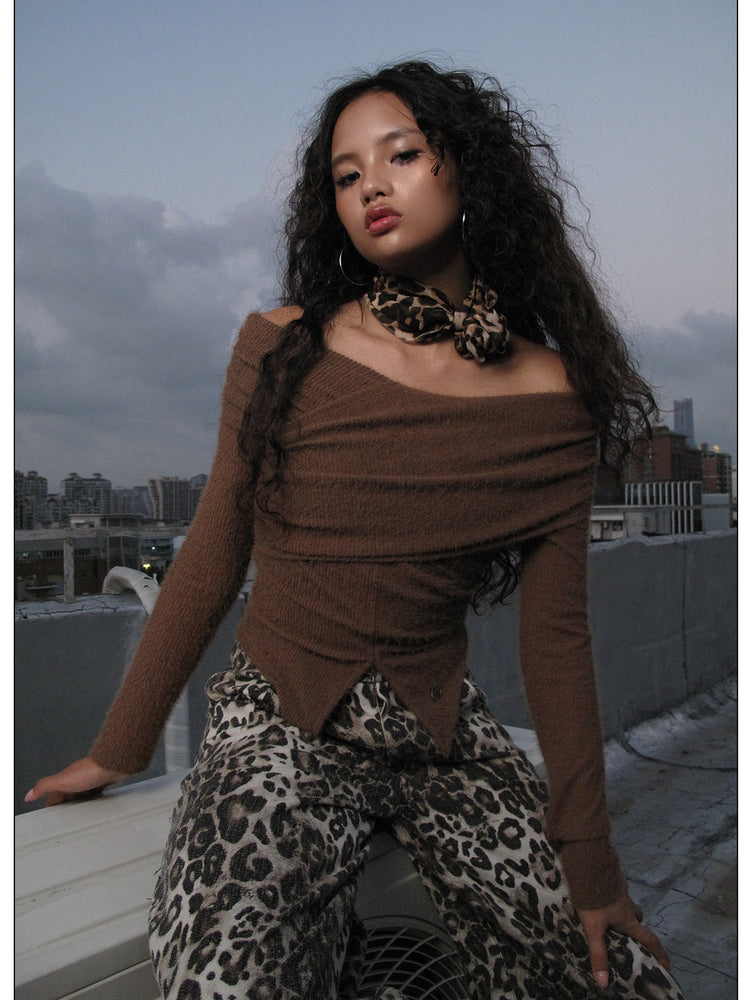 NEXT PASSPORT dark-brown twisted off-shoulder long-sleeve tee, rooftop close-up portrait