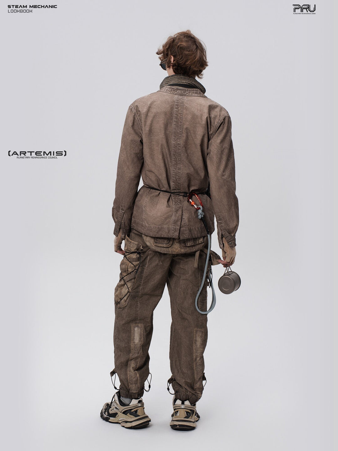 PIONEER cargo pants in Gravel Brown, modeled rear view with detachable pouch
