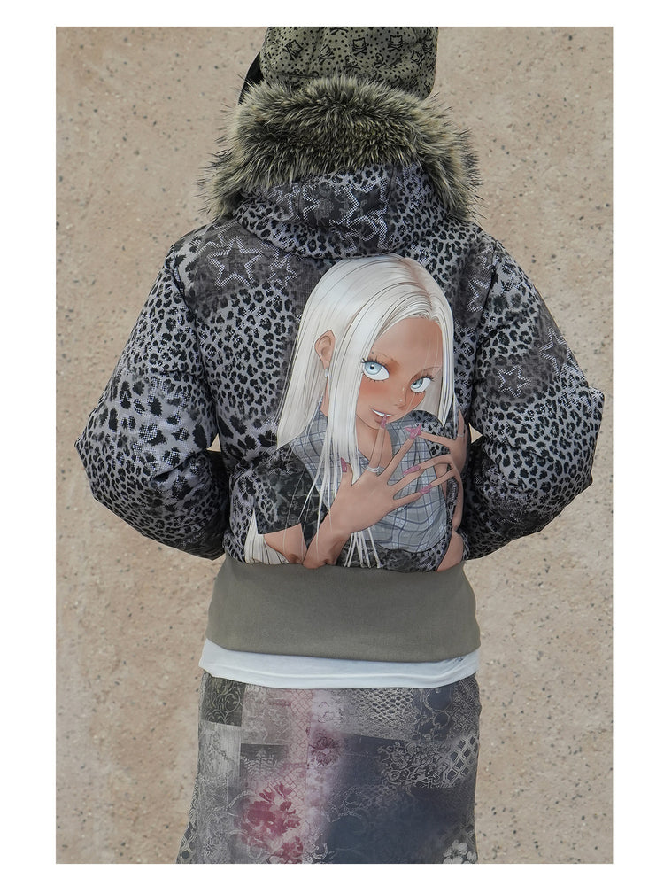 4RE1GN NAILS DONE leopard graphic down jacket in gray multicolor — back modeled detail of the hood and girl graphic