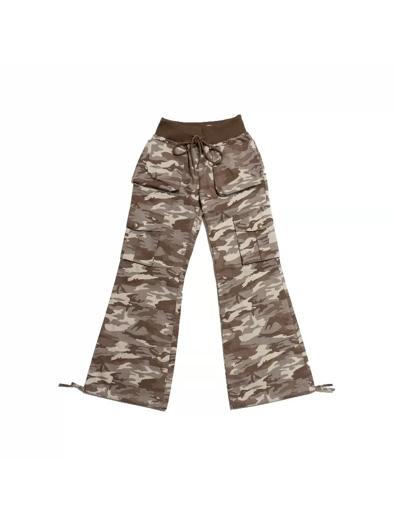 NEXT PASSPORT camouflage ribbed-waist flared pants — garment-only flat-lay front view.