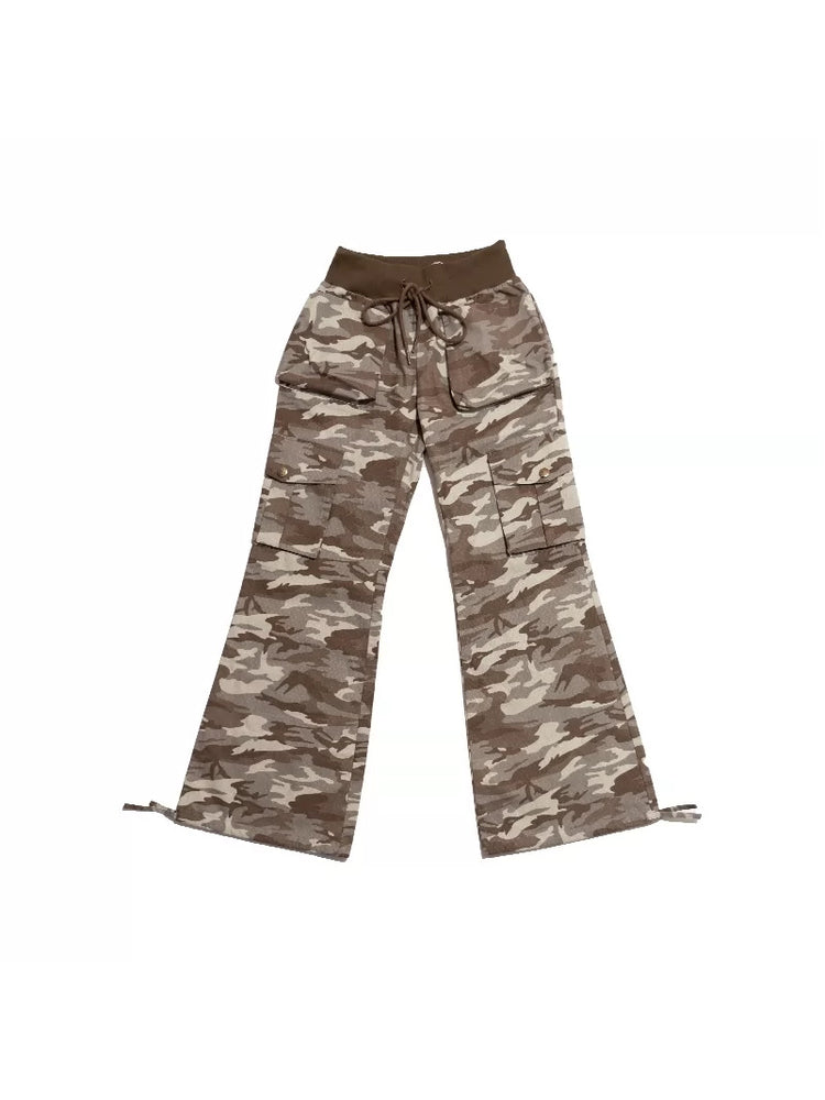 NEXT PASSPORT camouflage ribbed-waist flared pants — garment-only flat-lay front view.