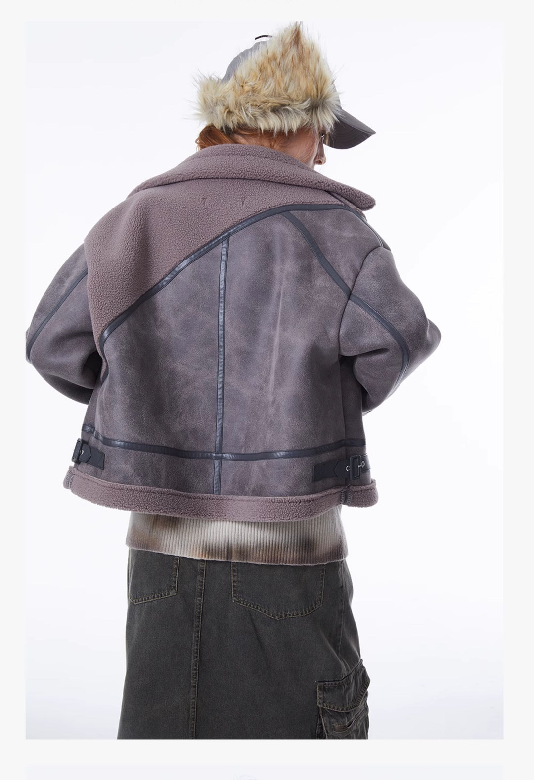 ERRORCODE ROBOT gray-purple paneled faux-shearling jacket, close back view showing seam panels