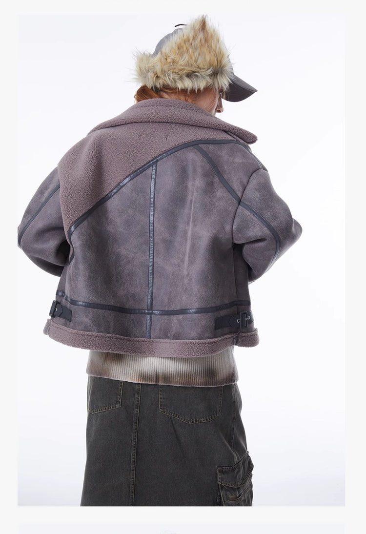 ERRORCODE ROBOT gray-purple paneled faux-shearling jacket, close back view showing seam panels
