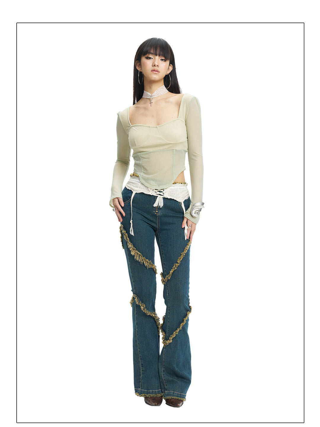 NEXT PASSPORT deep-blue frayed-hem slim flare jeans in denim blue — full-length front modeled view.