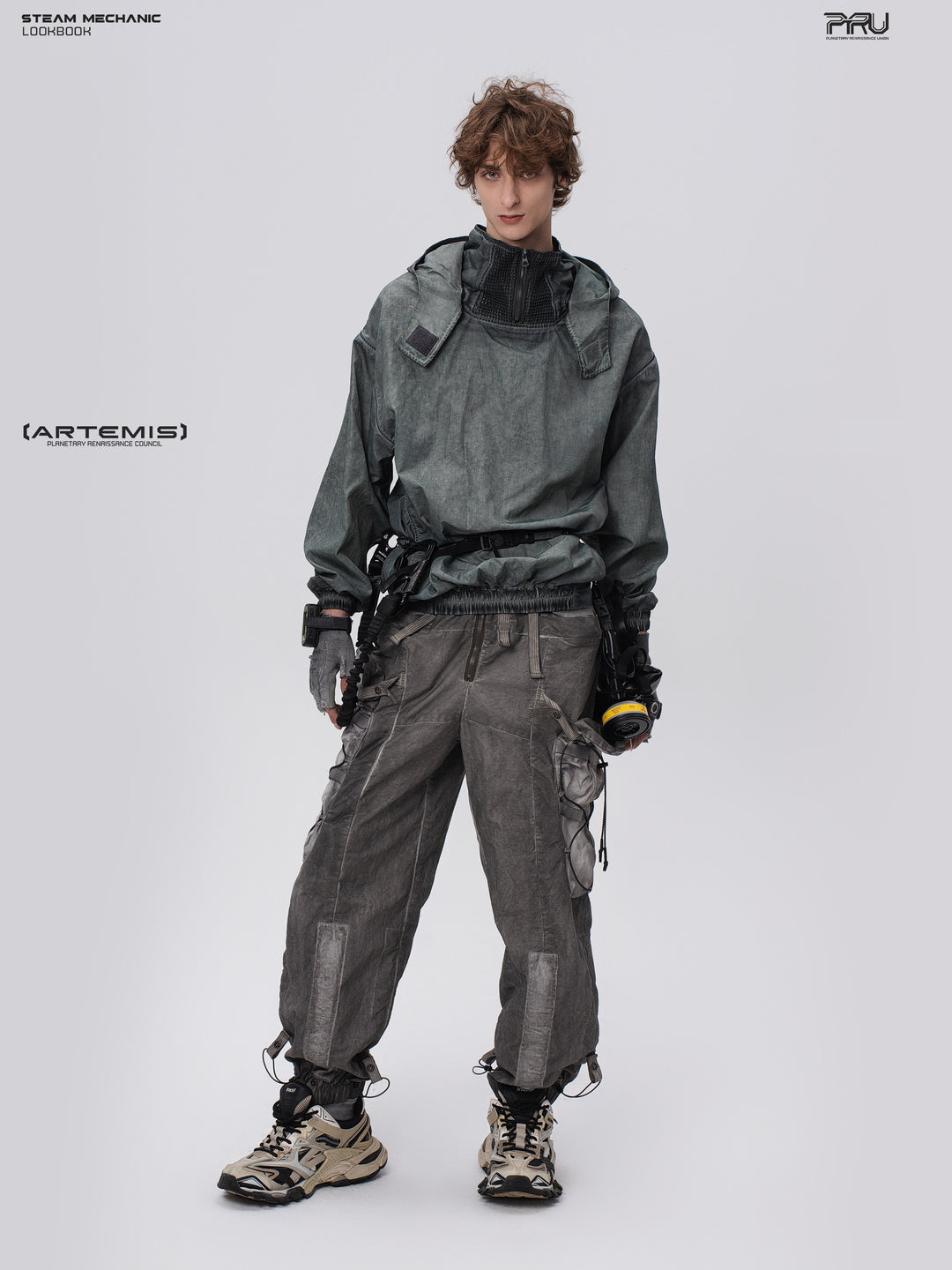 PIONEER detachable-hood mesh hoodie in moon shadow blue, full-body angled front styling