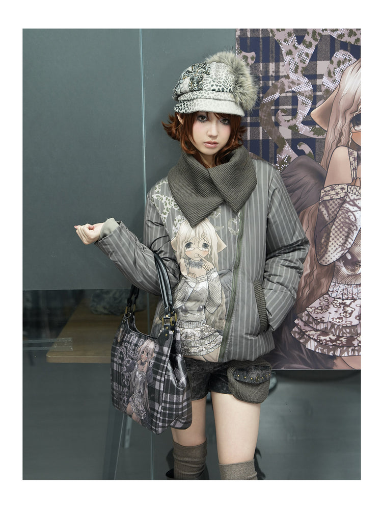 4RE1GN COMIC STRIPE asymmetric-collar down jacket in olive green — front modeled view with one hand raised beside a printed backdrop