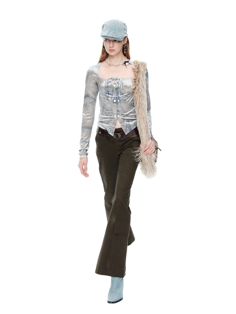 NEXT PASSPORT faux-denim velvet top with brown trousers