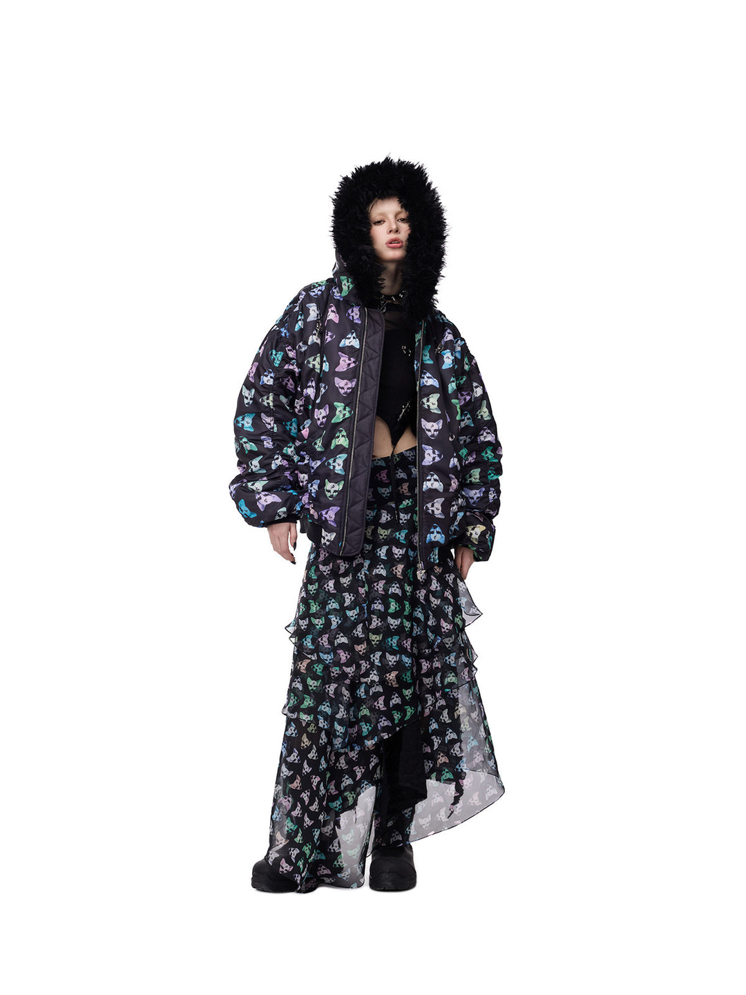 PINKSPINK CAT ALIEN faux-fur collar padded jacket — full-length modeled view with the hood up and long layered skirt