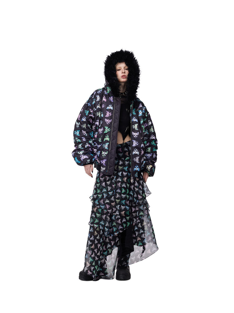 PINKSPINK CAT ALIEN faux-fur collar padded jacket — full-length modeled view with the hood up and long layered skirt