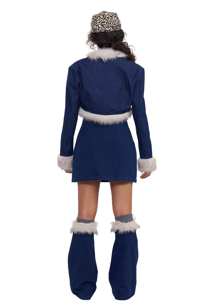 NEXT PASSPORT denim leg warmers back full-length view.