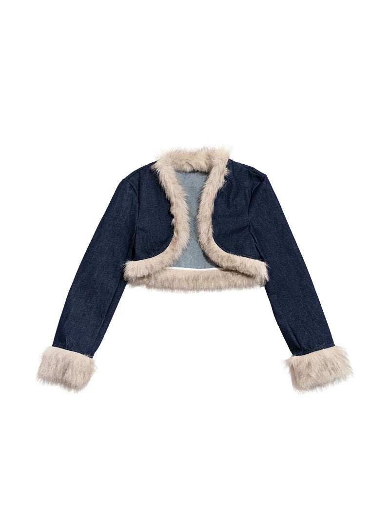 NEXT PASSPORT denim faux-fur cardigan isolated cardigan flat-lay.