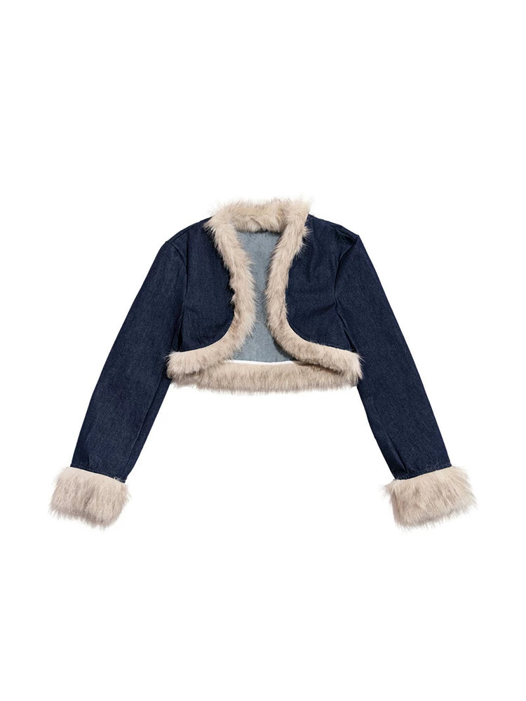 NEXT PASSPORT denim faux-fur cardigan isolated cardigan flat-lay.