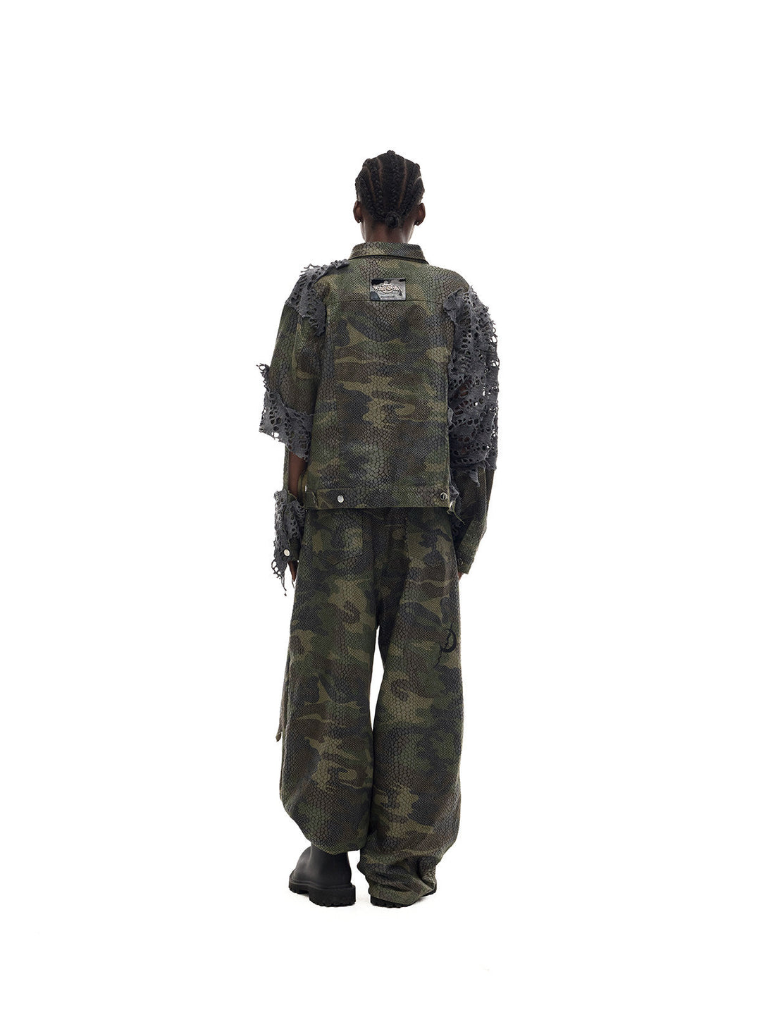 PINKSPINK DOUBLE STACK distressed camouflage wide-leg jeans — back full-length modeled view with the matching jacket