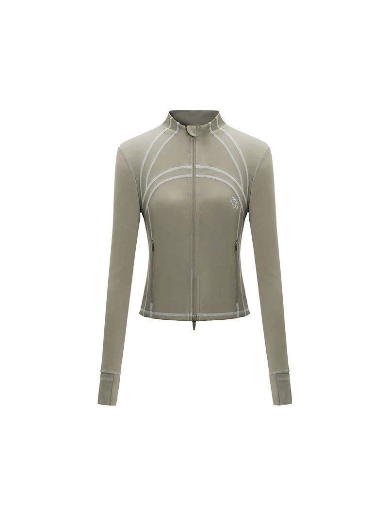 NAWS CLOUD quick-dry zip athletic top — latte-brown zip athletic top with contrast seams, front product view
