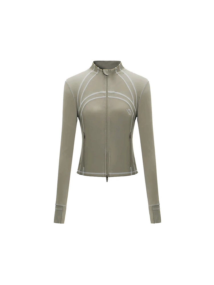 NAWS CLOUD quick-dry zip athletic top — latte-brown zip athletic top with contrast seams, front product view