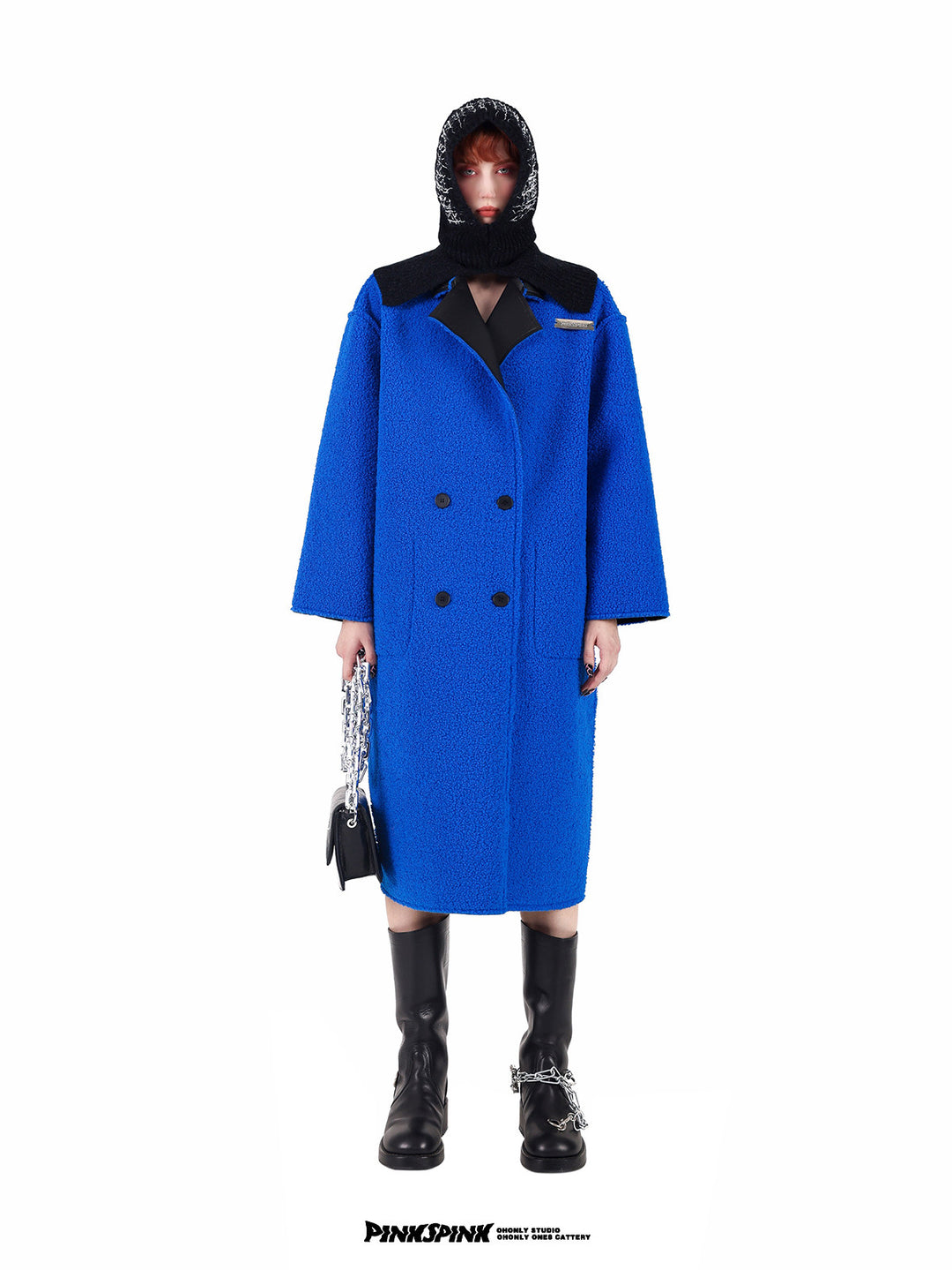 PINKSPINK ELECTRIC THORN embroidered knit balaclava in black — full-length front modeled view with a blue textured coat