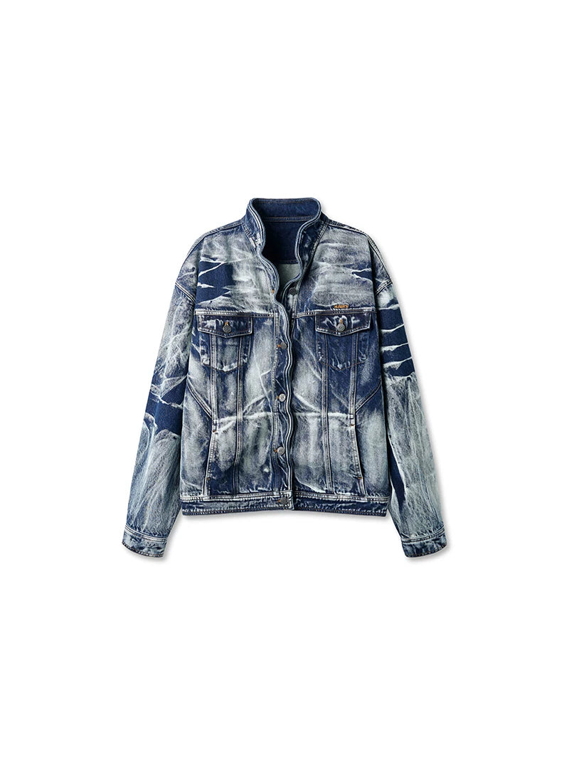 NAWS VOLCANO washed denim stand-collar jacket — Storm Blue washed denim stand-collar jacket, front product view