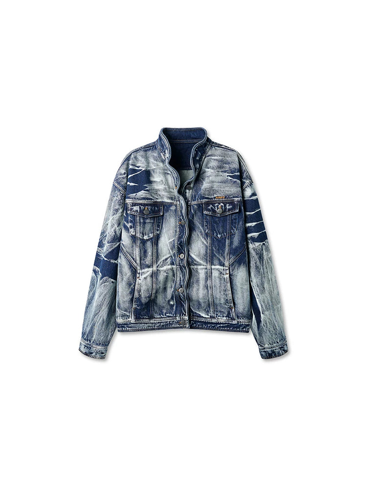 NAWS VOLCANO washed denim stand-collar jacket — Storm Blue washed denim stand-collar jacket, front product view