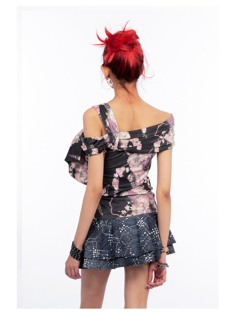 4RE1GN JEWEL denim-print lace mini skirt in black multicolor — back three-quarter modeled view with arms down