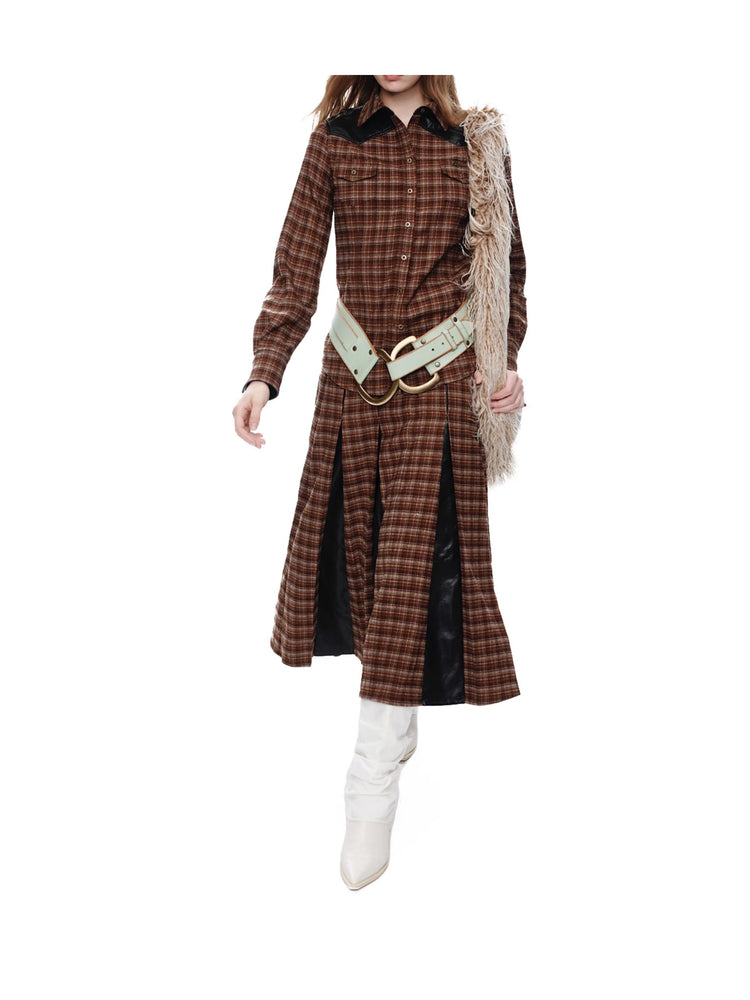 NEXT PASSPORT brown faux-leather plaid shirt — modeled movement view
