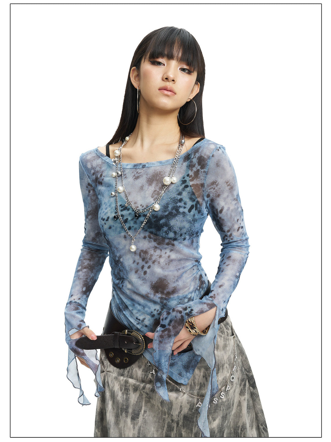 NEXT PASSPORT blue-gray printed mesh asymmetric long-sleeve top, photo 11