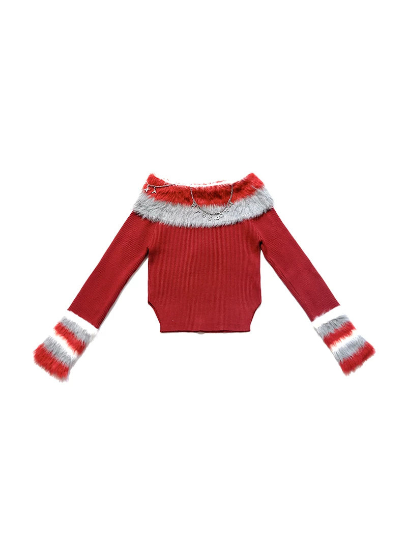 Next Passport red faux-fur collar knit pullover solo front