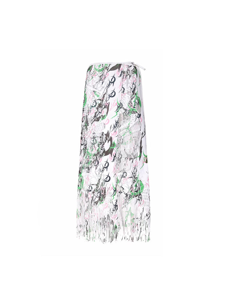 PINKSPINK SHRED SIGNAL printed fringe layering apron — white multicolor printed layering apron with long fringe, angled product view