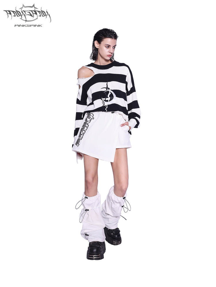 PINKSPINK ELECTRIC MOON distressed striped sweater in BLACK WHITE STRIPE — full-body angled front view styled with a white skirt.