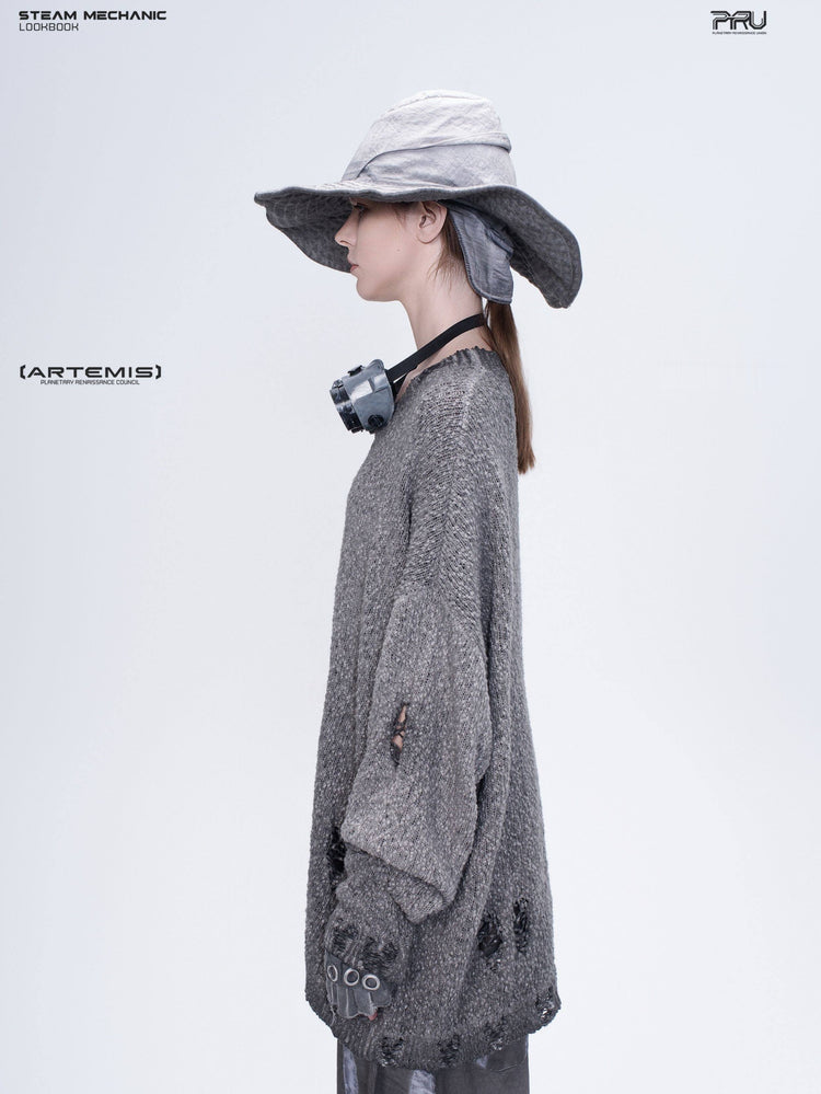 ARTEMIS distressed reversible knit sweater, moon dust gray, side-profile upper-body view
