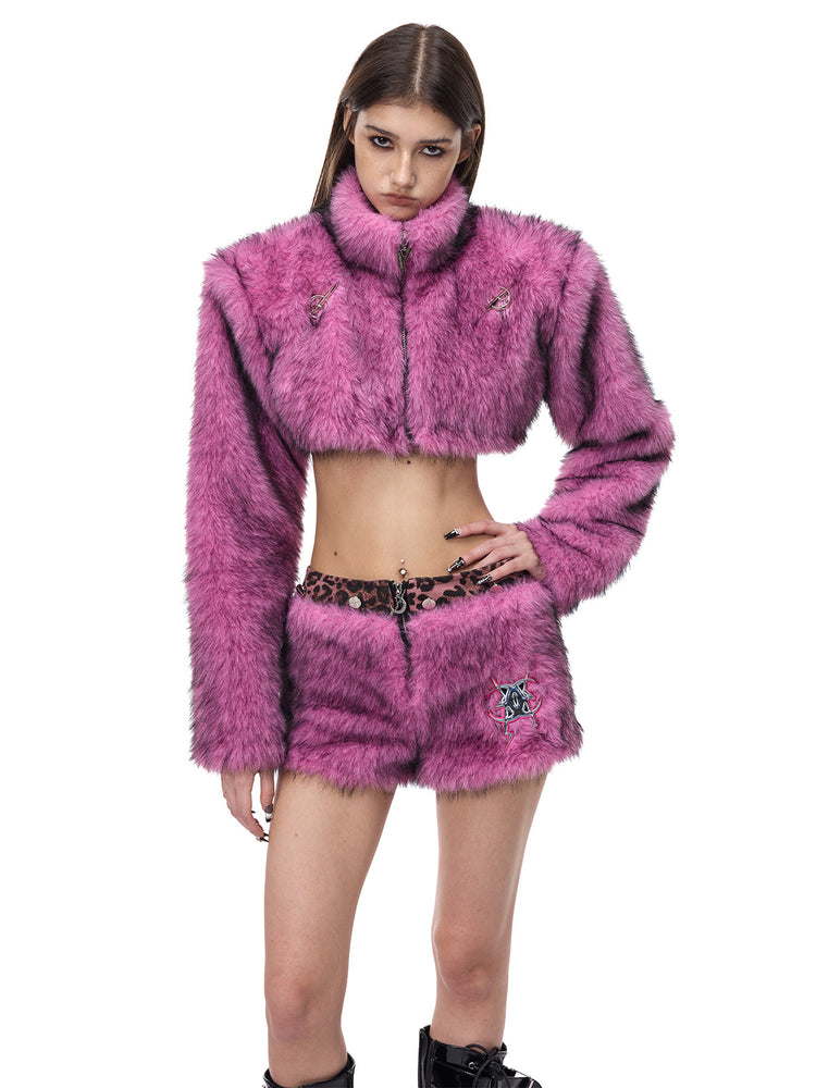 PINKSPINK ELECTRIC MOON gradient faux-fur cropped jacket — front modeled view with one hand at the waist and pink skirt