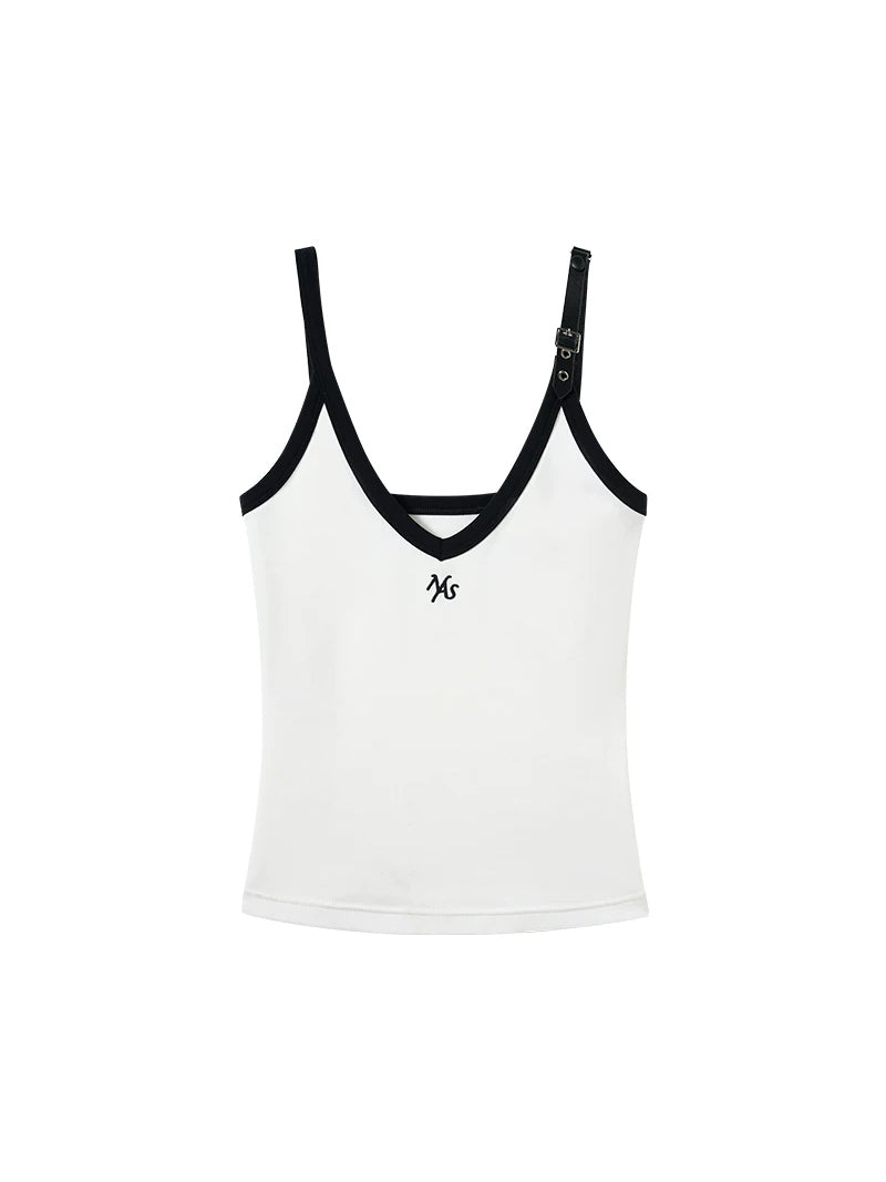 NAWS MONA leather-belt camisole — porcelain-white camisole with black leather-belt straps, front product view