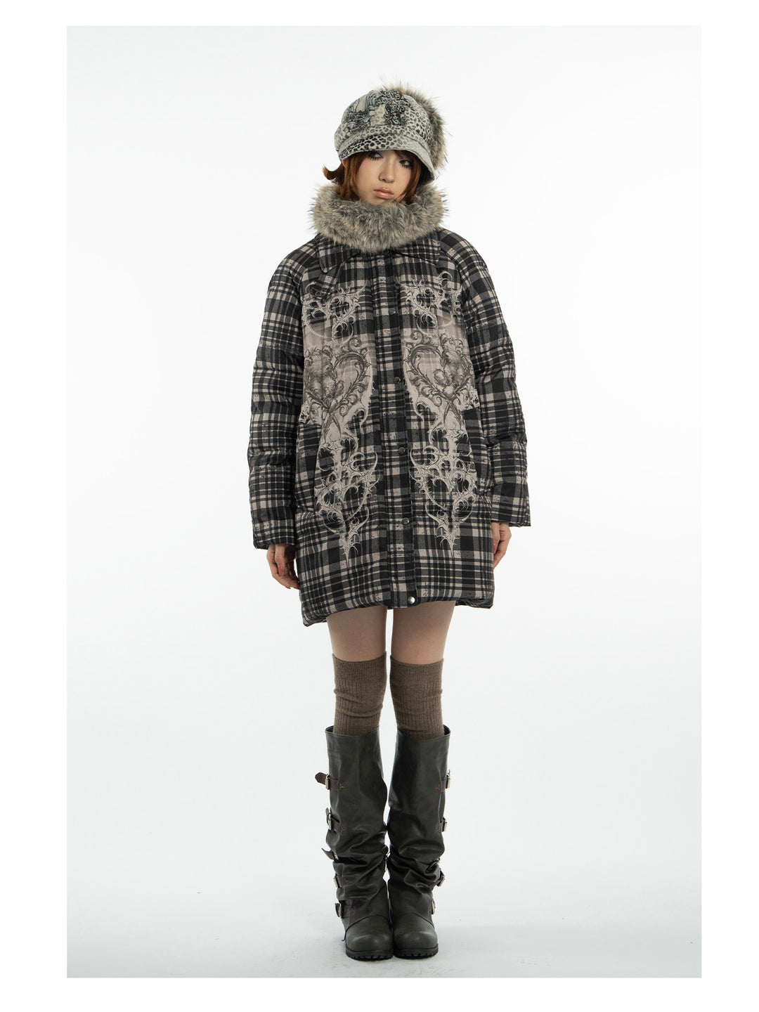 4RE1GN BEARHEART plaid long down coat in brown multicolor — front modeled view with head tilted and arms relaxed