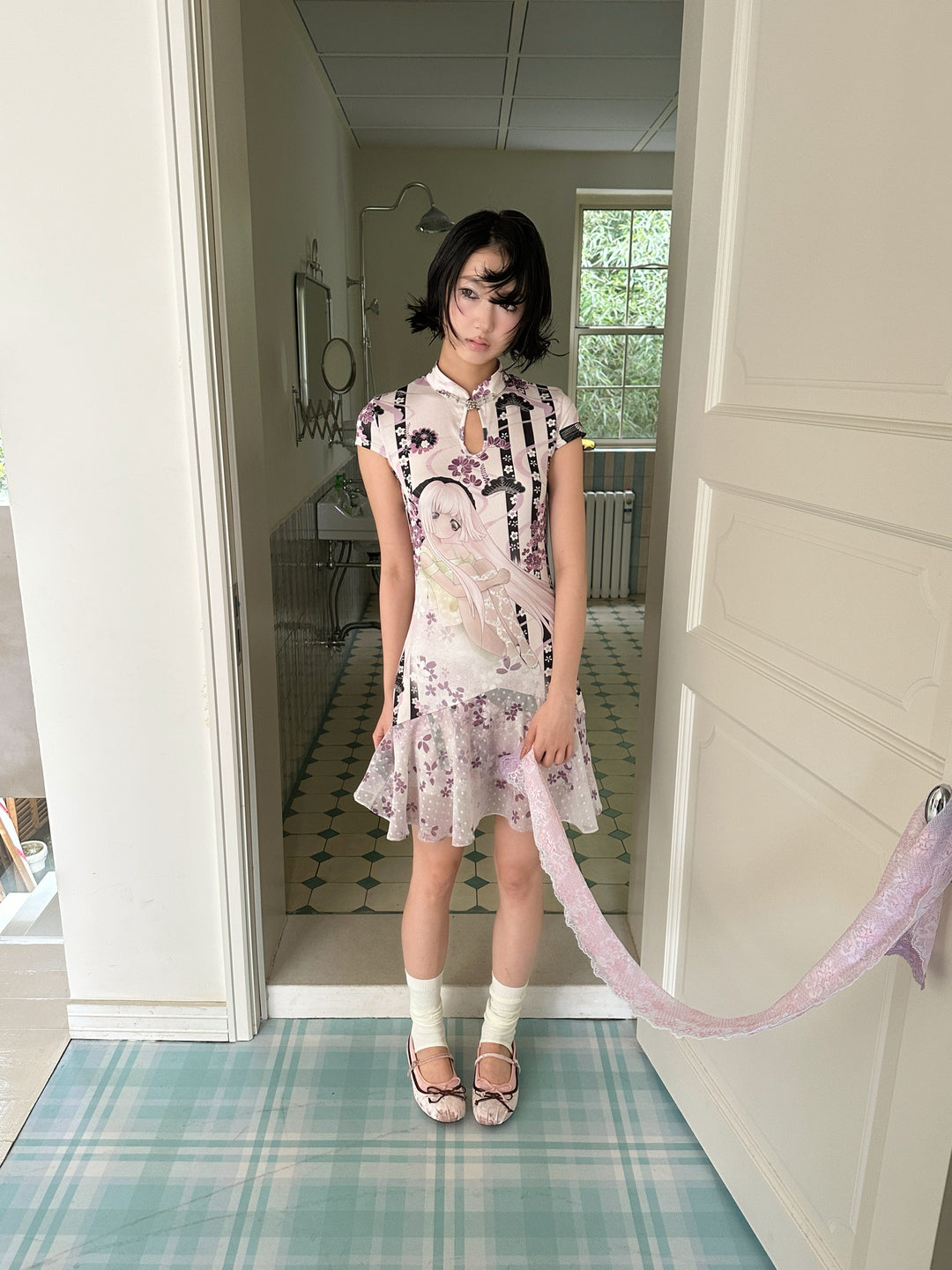 4RE1GN PURPLE MOOD mandarin-collar dress in multicolor — full-length front modeled view in a doorway