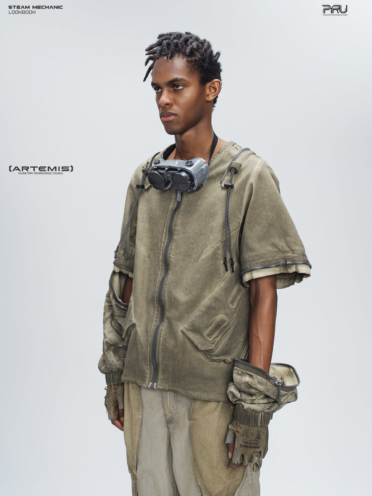PIONEER mercury-brown detachable-sleeve jacket, angled view with detached lower sleeves lowered