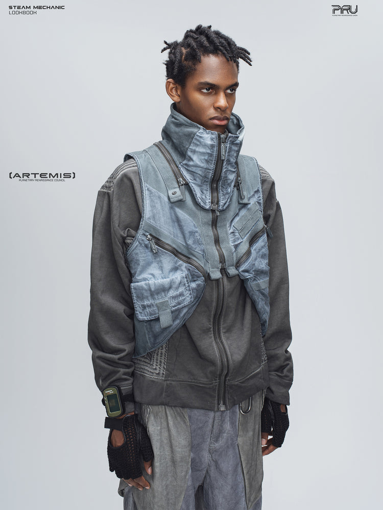 FISSION modular vest in star blue, angled close view of the detachable collar and front pouches