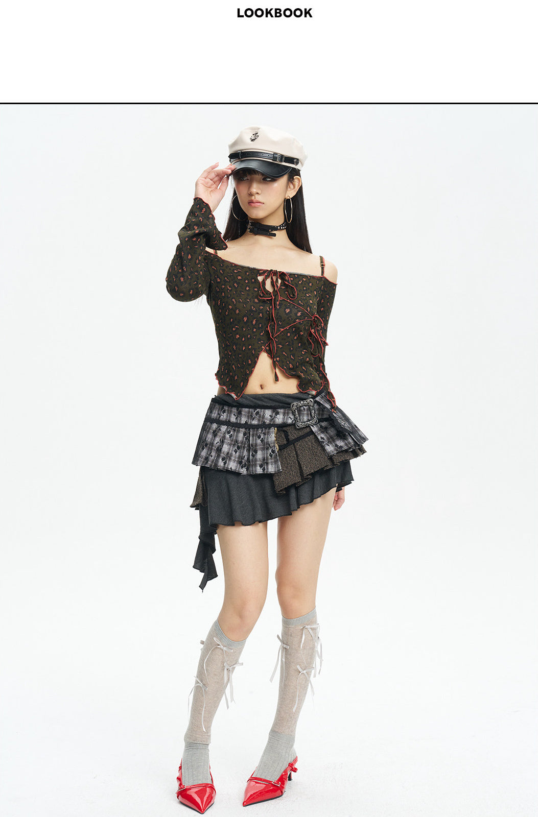Lookbook view of the leopard lace-up off-shoulder knit top