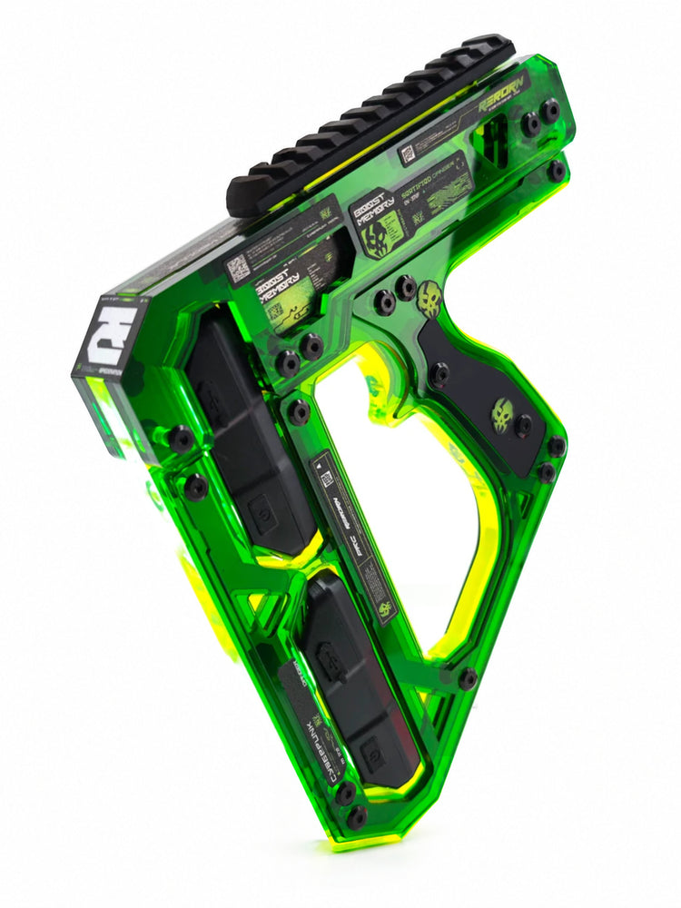 FOCKSHOP REBORN illuminated blaster prop — dark-green full prop with black panels on white