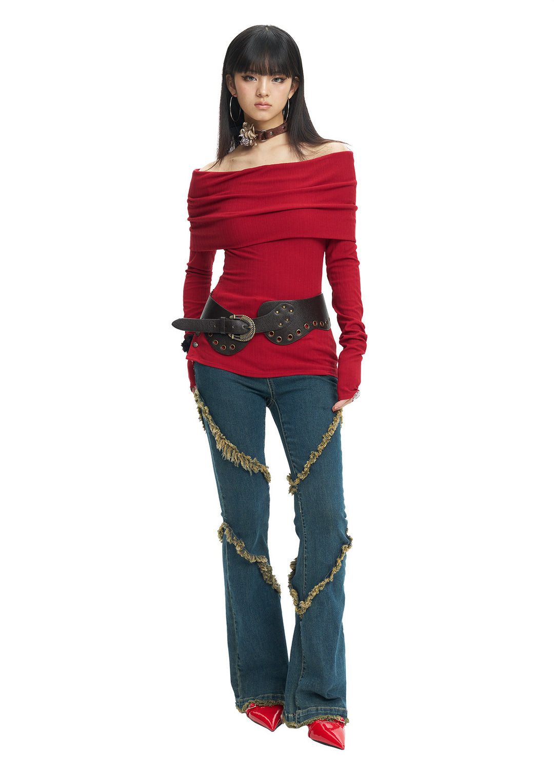 NEXT PASSPORT deep-blue frayed-hem slim flare jeans in denim blue — alternative red-top front styling.