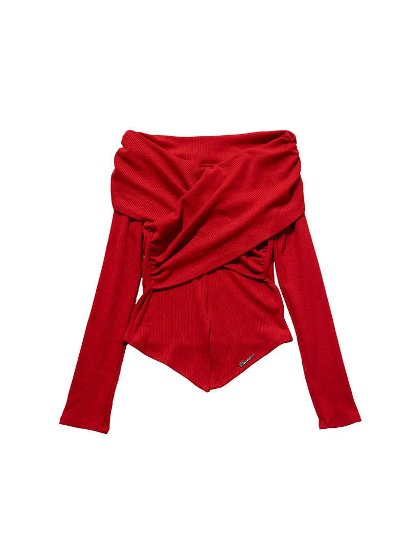 NEXT PASSPORT red cross-pleated off-shoulder long-sleeve top flat lay
